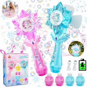 VATOS Rechargeable Bubble Wand 2 Pack for Kids Girls Boys, LED Light & Music Electric Bubble Machine Toy, Automatic Snowflake Bubble Blower Gun with 2 Windmill & 4 Bubble Solutions for Outdoor Party