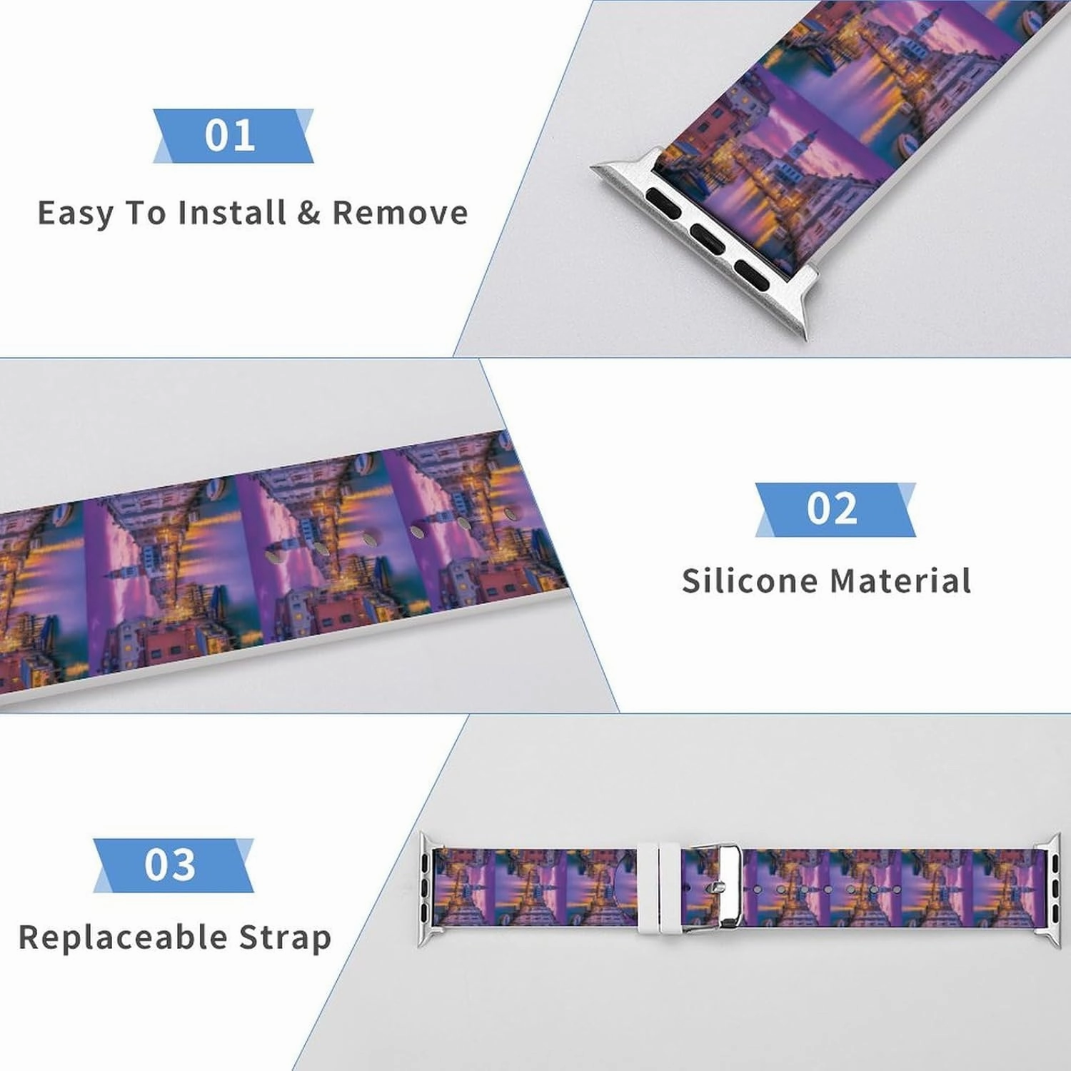 Venice Italy Night Adjustable Silicone Watchband Compatible with IWatch Classic Soft Sports Watch Strap for Men Women