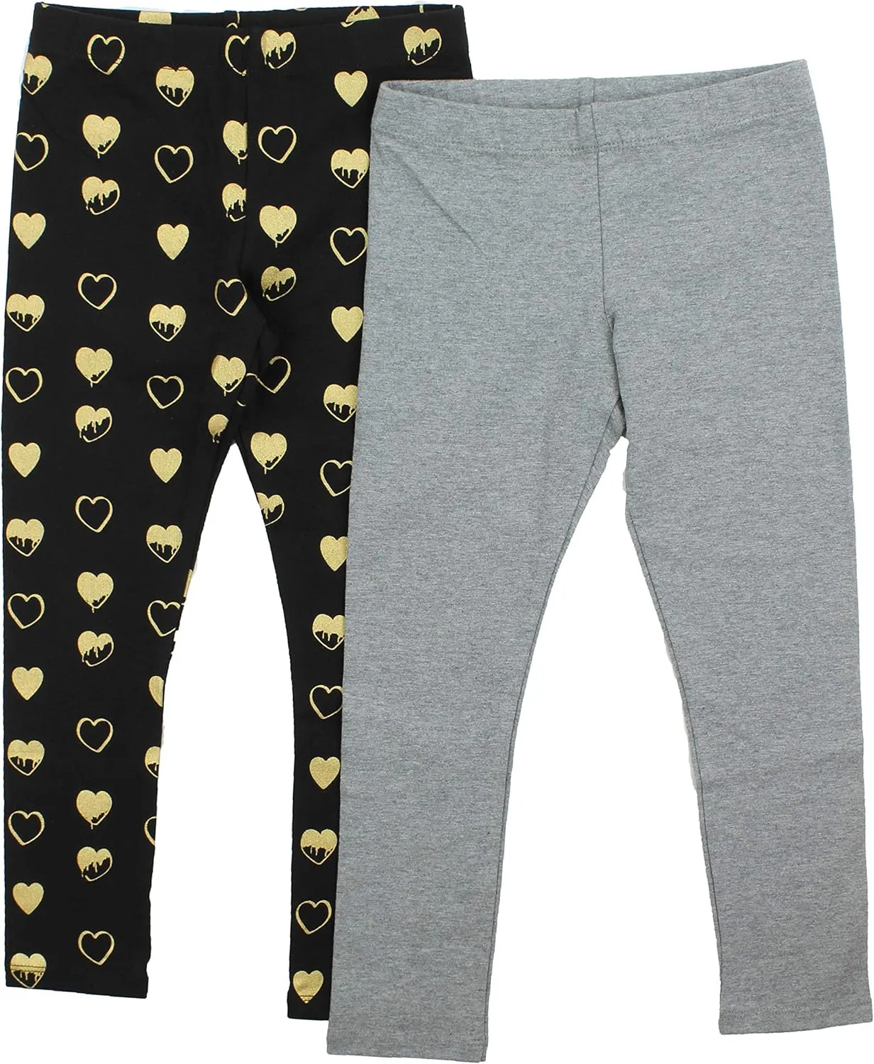 VigossGirls 2 Pack Soft Cotton Leggings (5/6, Grey/Black-Gold Hearts)
