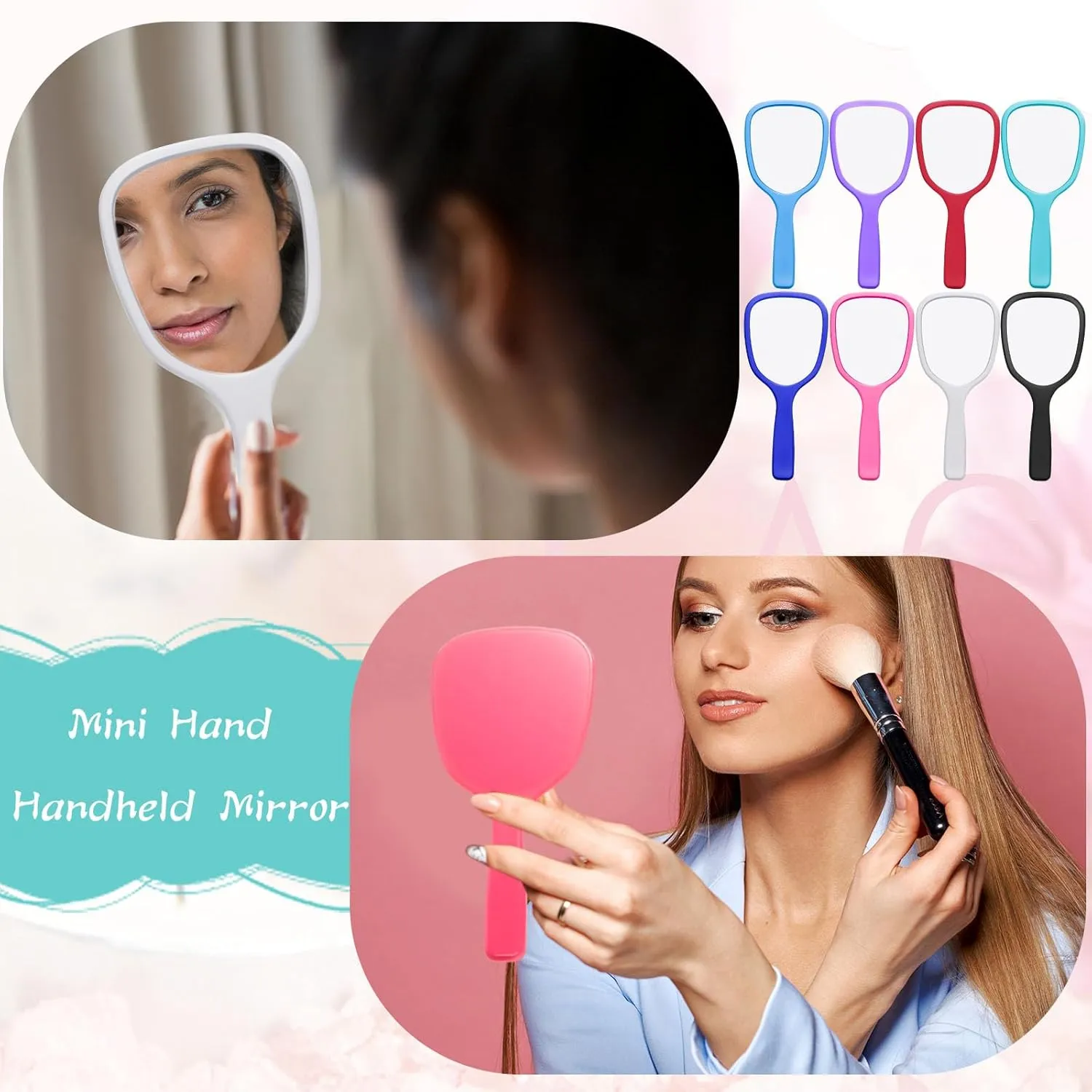 Vinsot 50 Pcs Handheld Mirror Bulk Hand Mirrors with Handle Plastic Compact Travel Cosmetic Makeup Tools for Home Travel Camping, 7.09 x 3.15 Inches (8 Colors)