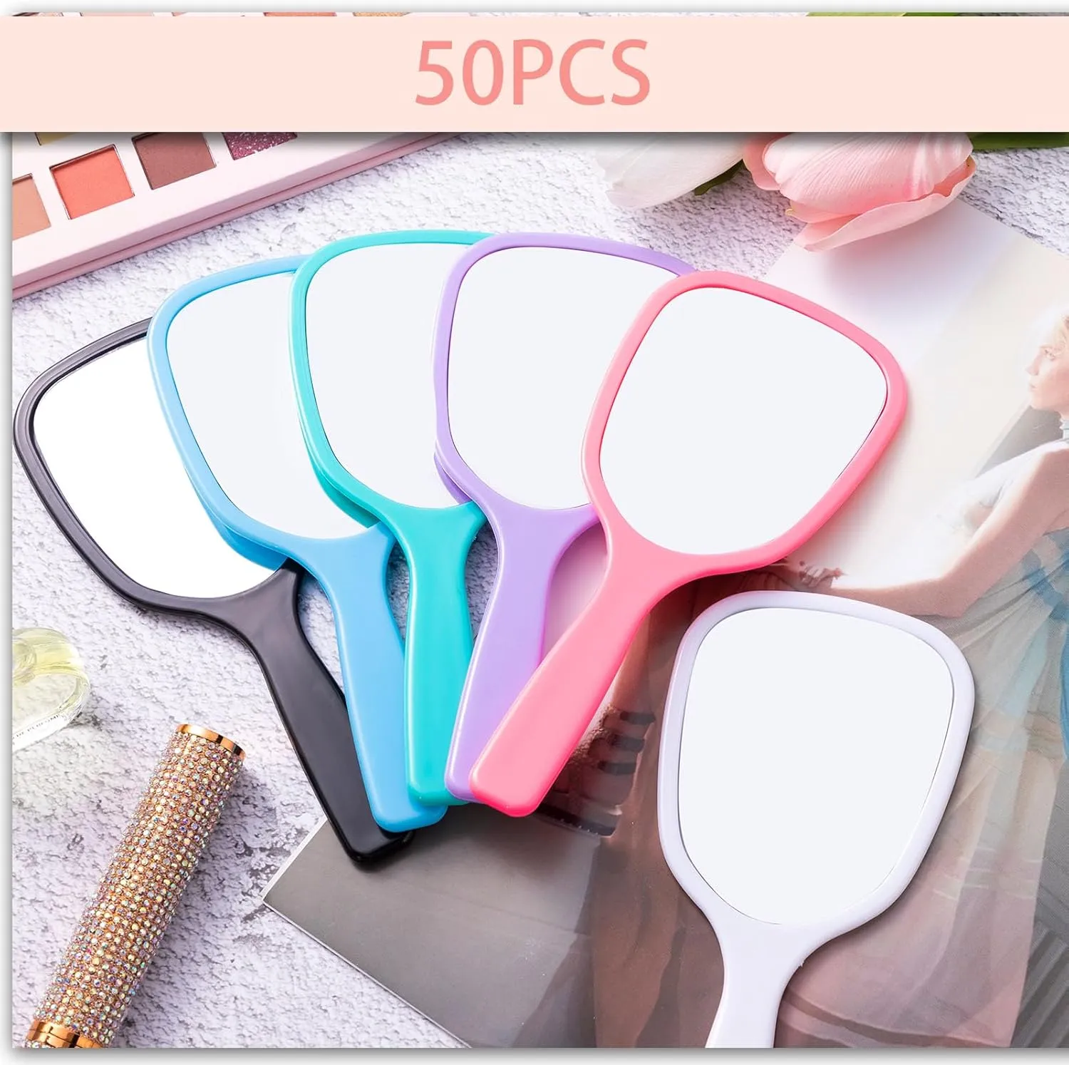 Vinsot 50 Pcs Handheld Mirror Bulk Hand Mirrors with Handle Plastic Compact Travel Cosmetic Makeup Tools for Home Travel Camping, 7.09 x 3.15 Inches (8 Colors)