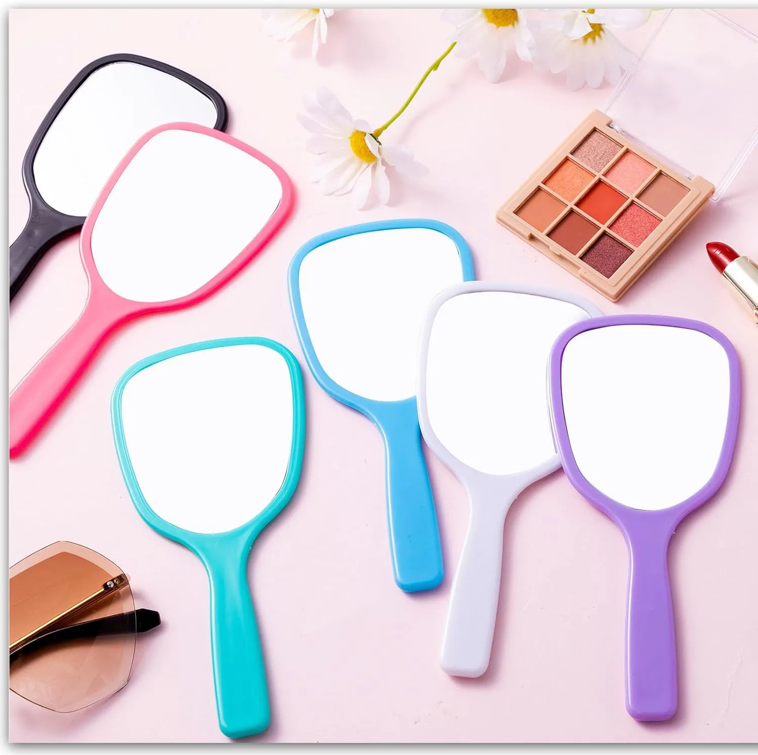 Vinsot 50 Pcs Handheld Mirror Bulk Hand Mirrors with Handle Plastic Compact Travel Cosmetic Makeup Tools for Home Travel Camping, 7.09 x 3.15 Inches (8 Colors)