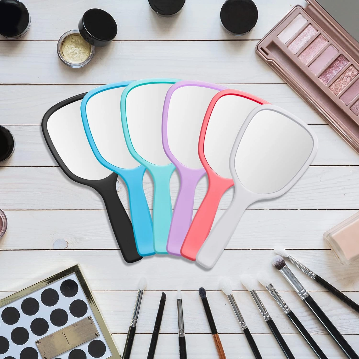 Vinsot 50 Pcs Handheld Mirror Bulk Hand Mirrors with Handle Plastic Compact Travel Cosmetic Makeup Tools for Home Travel Camping, 7.09 x 3.15 Inches (6 Colors)