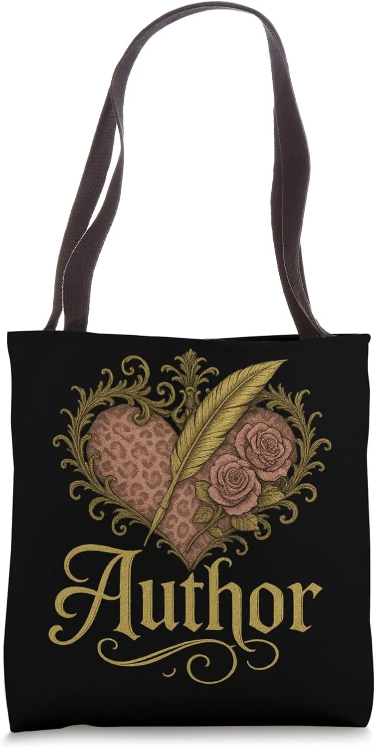 Vintage Author Quill with Dusty Rose Leopard Heart and Roses Tote Bag