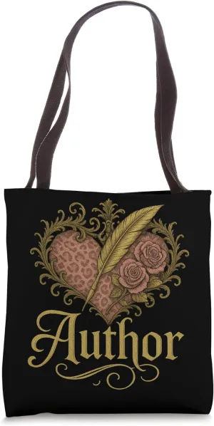 Vintage Author Quill with Dusty Rose Leopard Heart and Roses Tote Bag