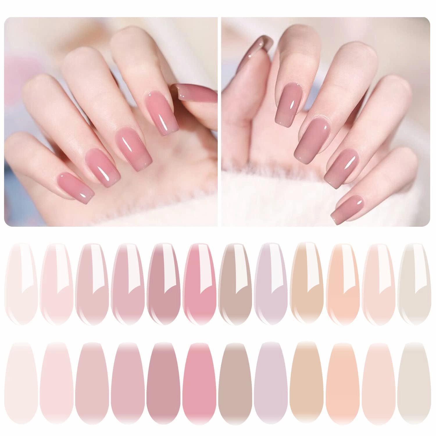 Vishine 12Pcs Sheer Nude Clear Pink Gel Nail Polish Set Jelly Neutral Translucent Nude Tones Colors, Crystal Jelly Nail Gel Milky White Brown, Trendy Nail Art Designs DIY Home Gel Manicure Set