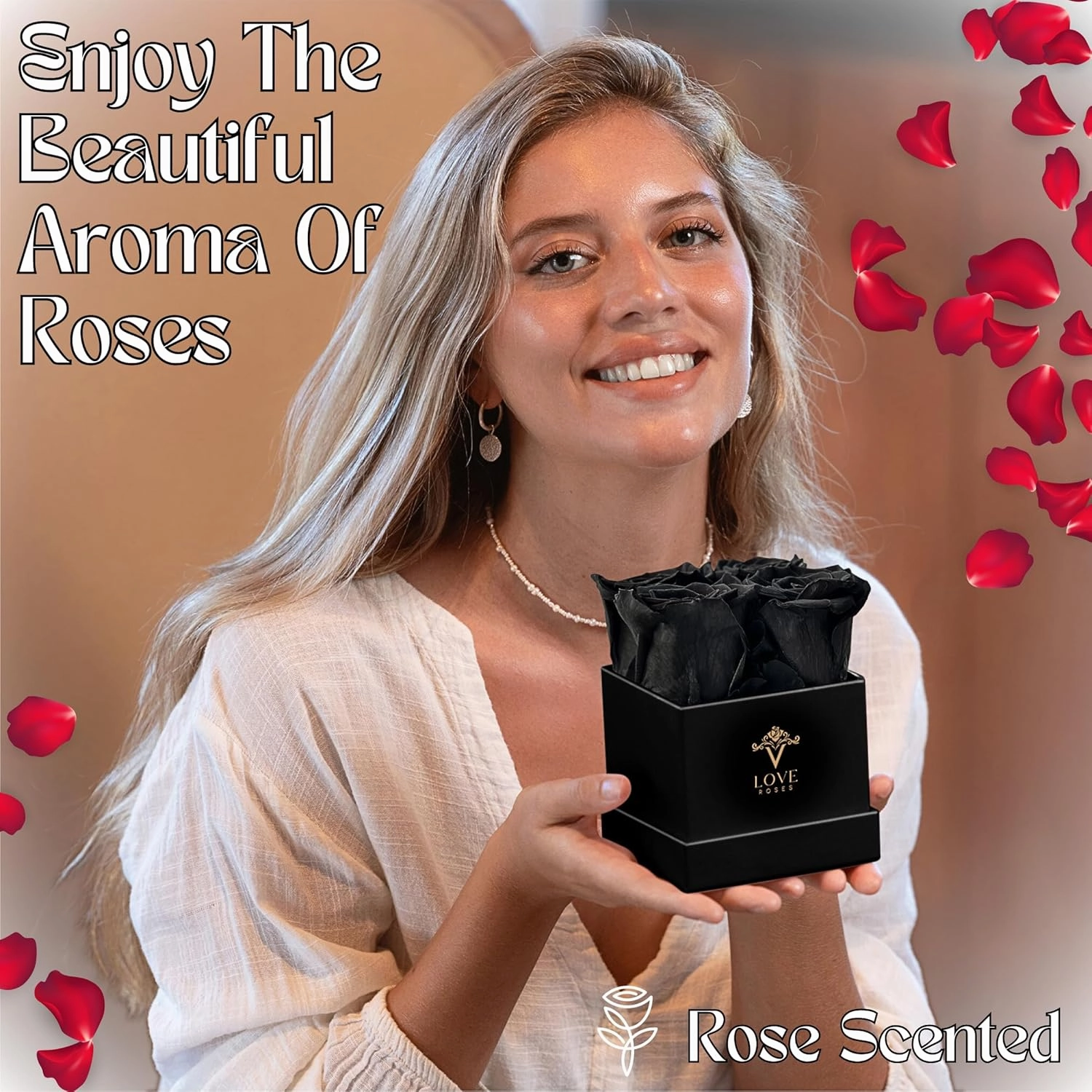 VLove® Forever Roses in a Box | Real Roses Forever Flowers Box | Naturally Preserved Flowers | Preserved Rose Box | Eternal Rose That Last A Year | Rosas Eternas | Eternal Rose Gifts for Her (Black)