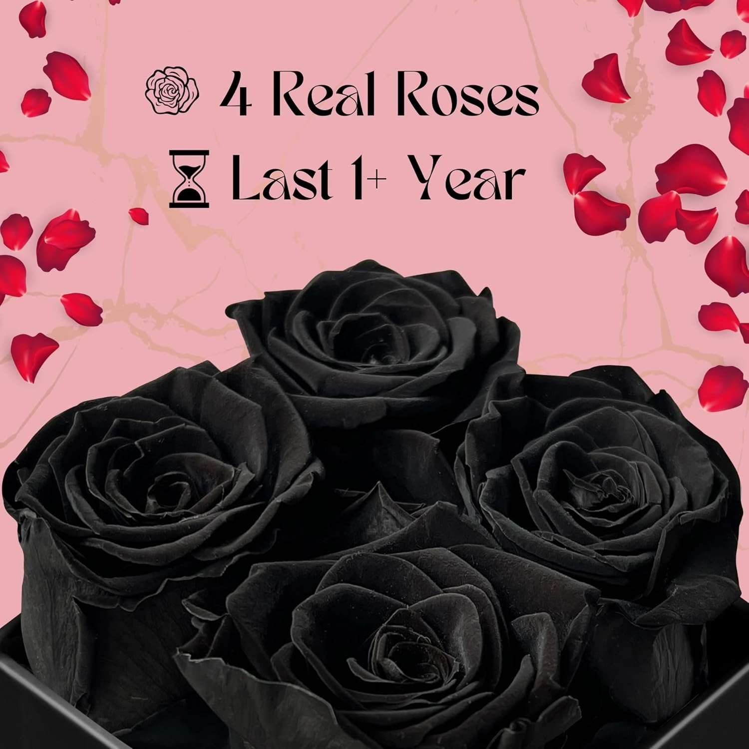 VLove® Forever Roses in a Box | Real Roses Forever Flowers Box | Naturally Preserved Flowers | Preserved Rose Box | Eternal Rose That Last A Year | Rosas Eternas | Eternal Rose Gifts for Her (Black)
