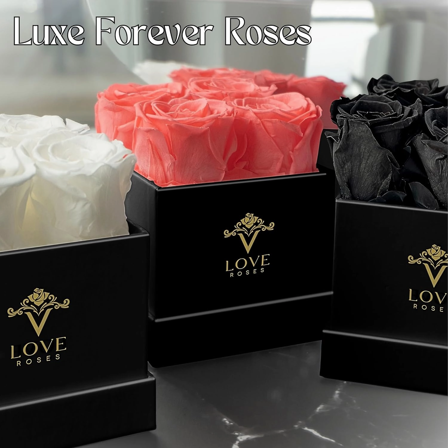 VLove® Forever Roses in a Box | Real Roses Forever Flowers Box | Naturally Preserved Flowers | Preserved Rose Box | Eternal Rose That Last A Year | Rosas Eternas | Eternal Rose Gifts for Her (Black)