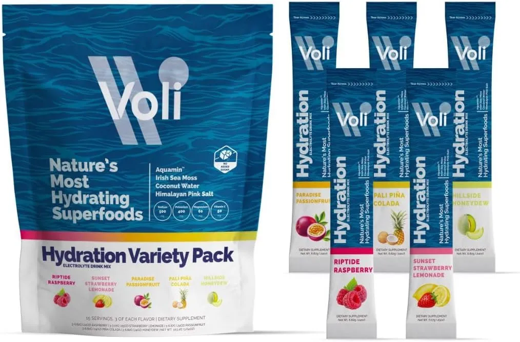 Voli Hydration Electrolytes Powder Packets - Drink Mix - Variety Pack, 15 Ct - Superfoods & Minerals - Coconut Water, Aquamin Magnesium, Himalayan Pink Salt & Irish Sea Moss - No Added Sugar