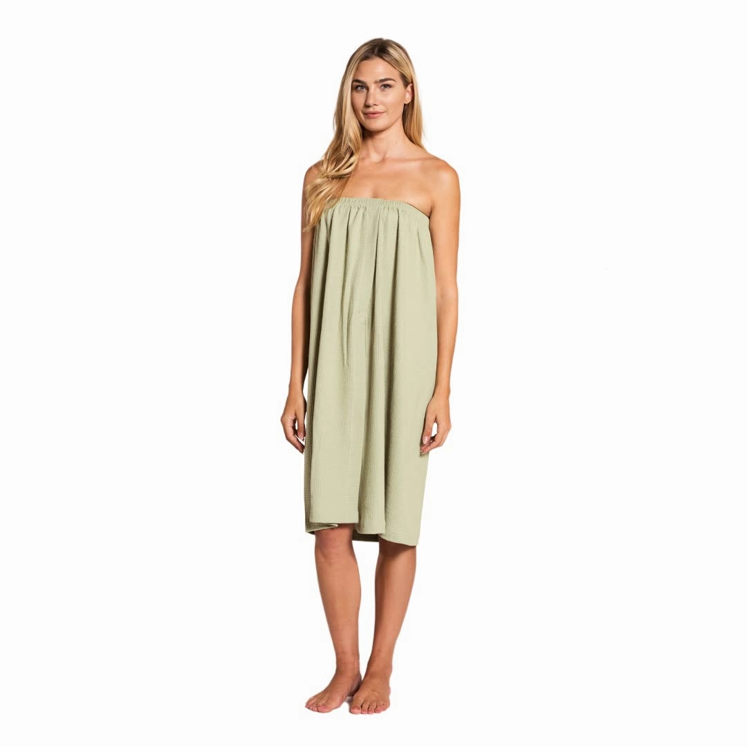 Waffle Weave Long Spa Wrap, Simple Body Wrap, Luxurious Waffle Weave Knit, One Size Fits Most, Generous Length, Elasticized Top with touch-and-close fasteners at Top and Waist, Sage