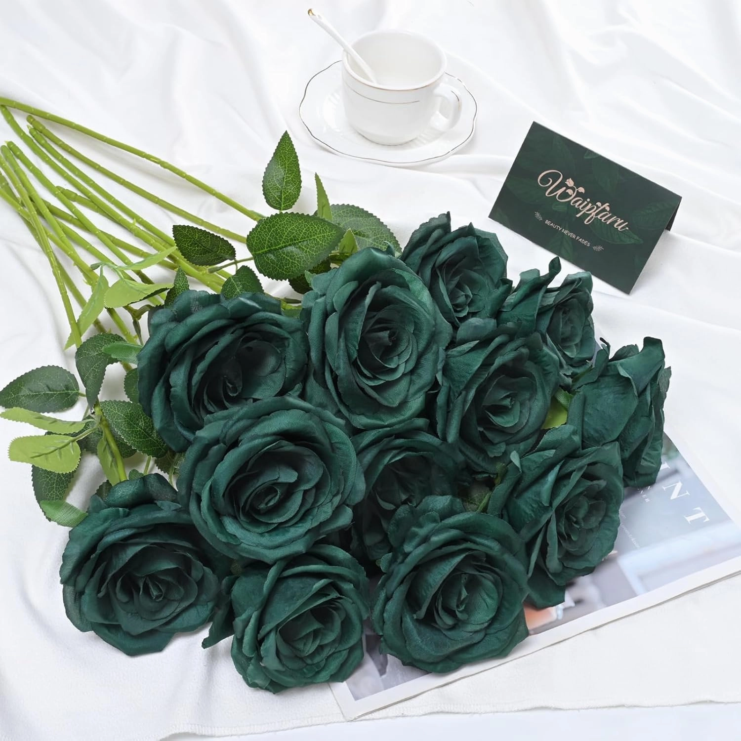 Waipfaru 16 Pcs St Patricks Day Roses, Long Stem Fake Roses Artificial Flowers, Silk Flowers for Valentines, Roses Bouquet Peacock Green Home Decor