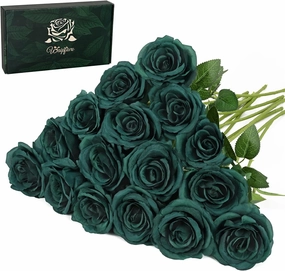 Waipfaru 16 Pcs St Patricks Day Roses, Long Stem Fake Roses Artificial Flowers, Silk Flowers for Valentines, Roses Bouquet Peacock Green Home Decor