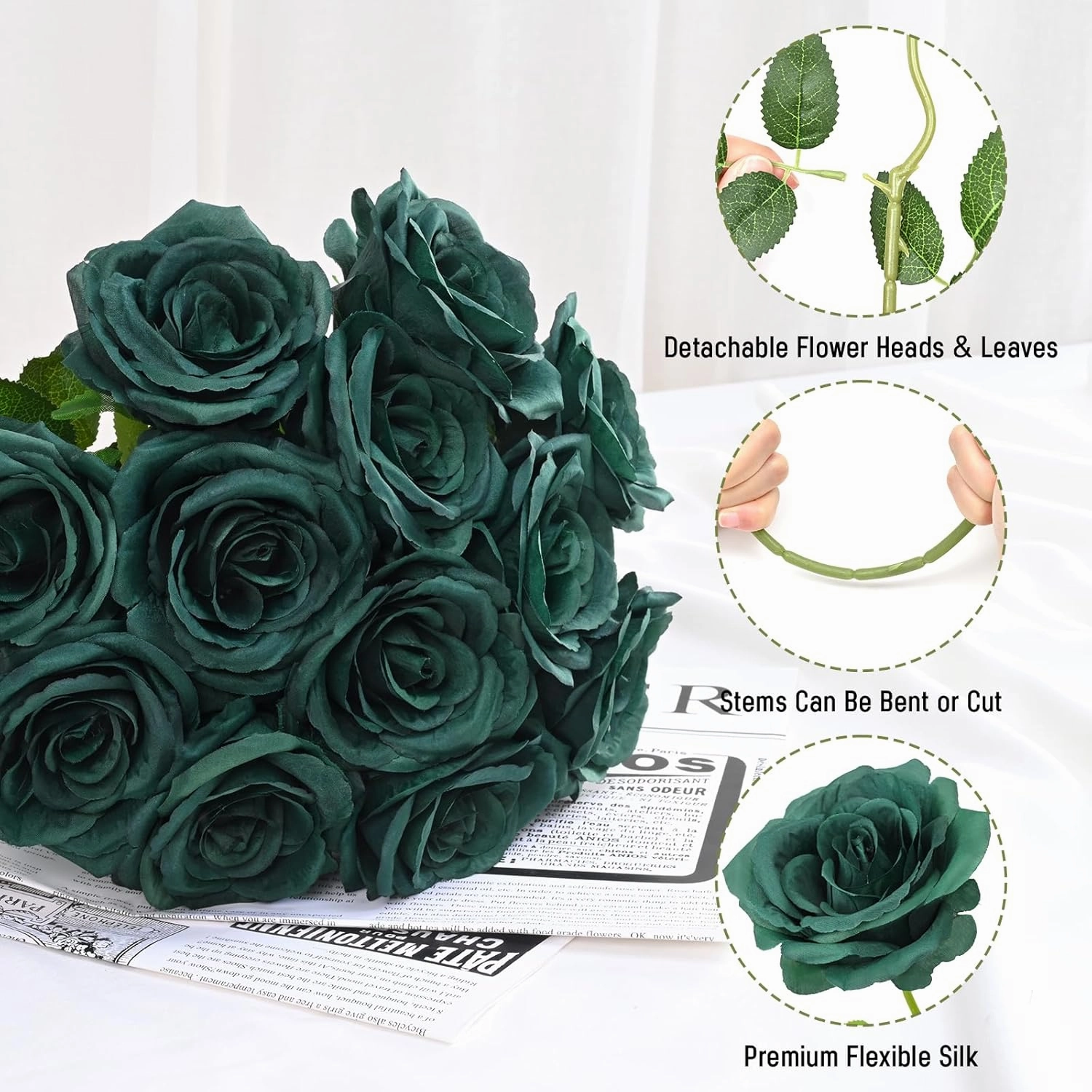 Waipfaru 16 Pcs St Patricks Day Roses, Long Stem Fake Roses Artificial Flowers, Silk Flowers for Valentines, Roses Bouquet Peacock Green Home Decor