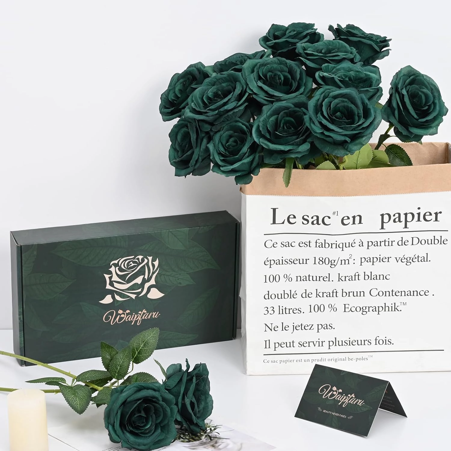 Waipfaru 16 Pcs St Patricks Day Roses, Long Stem Fake Roses Artificial Flowers, Silk Flowers for Valentines, Roses Bouquet Peacock Green Home Decor