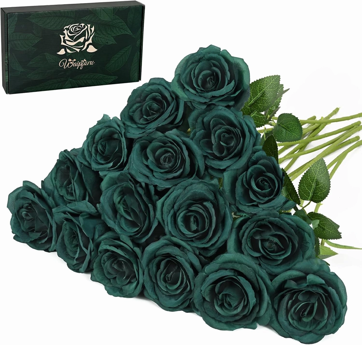 Waipfaru 16 Pcs St Patricks Day Roses, Long Stem Fake Roses Artificial Flowers, Silk Flowers for Valentines, Roses Bouquet Peacock Green Home Decor