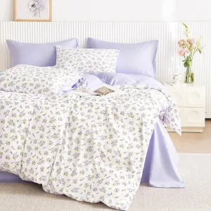 Wake In Cloud - Floral Comforter Set, Coquette Cottagecore Aesthetic Flower Shabby Chic Pattern for Women Teen Girls, Soft Lightweight Bedding, 3 Pieces, White Purple, Full Size