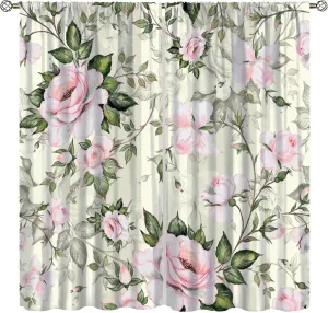 Watercolor Window Curtains, Pink Peonies and Roses Green Leaves Exotic Gentle Bouquet Theme, Pastel Pink Lightweight Decor with Rod Pocket Curtains for Bedroom Living Room 42x63in, Style-5