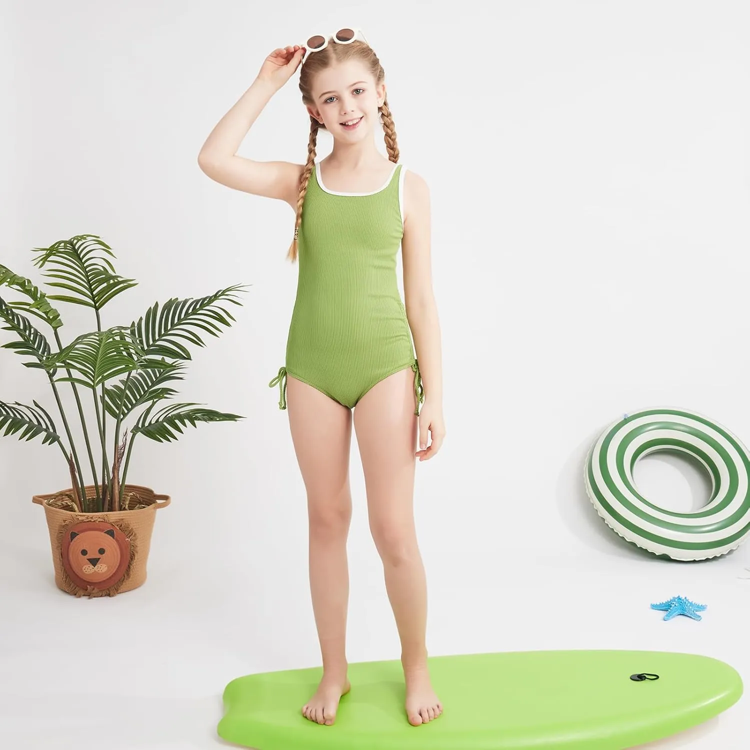 Weixinbuy Girls Swimsuit Ribbed Bathing Suit for Girls Adjustable Strap Color Block Summer Beach One Piece Swimsuit