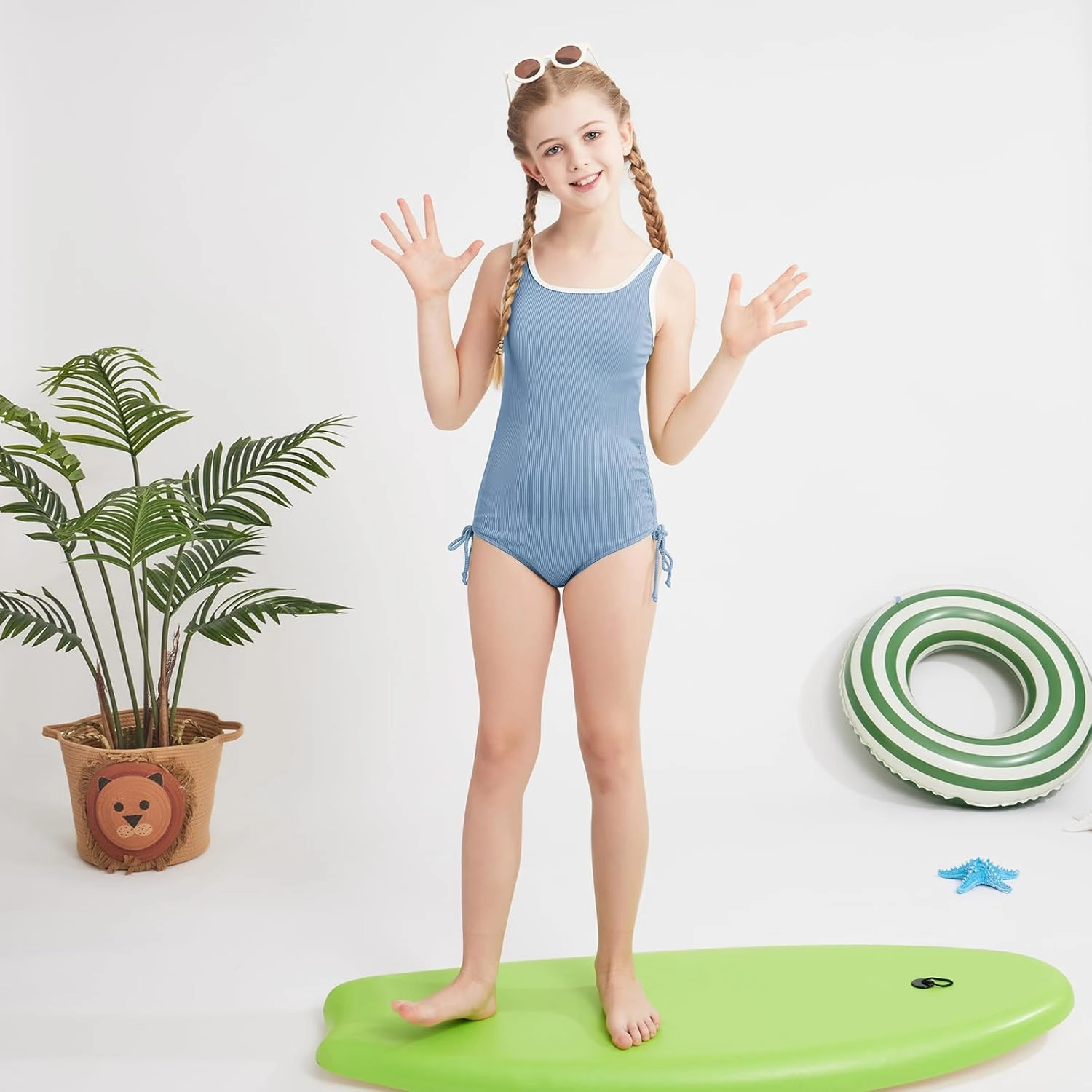 Weixinbuy Girls Swimsuit Ribbed Bathing Suit for Girls Adjustable Strap Color Block Summer Beach One Piece Swimsuit