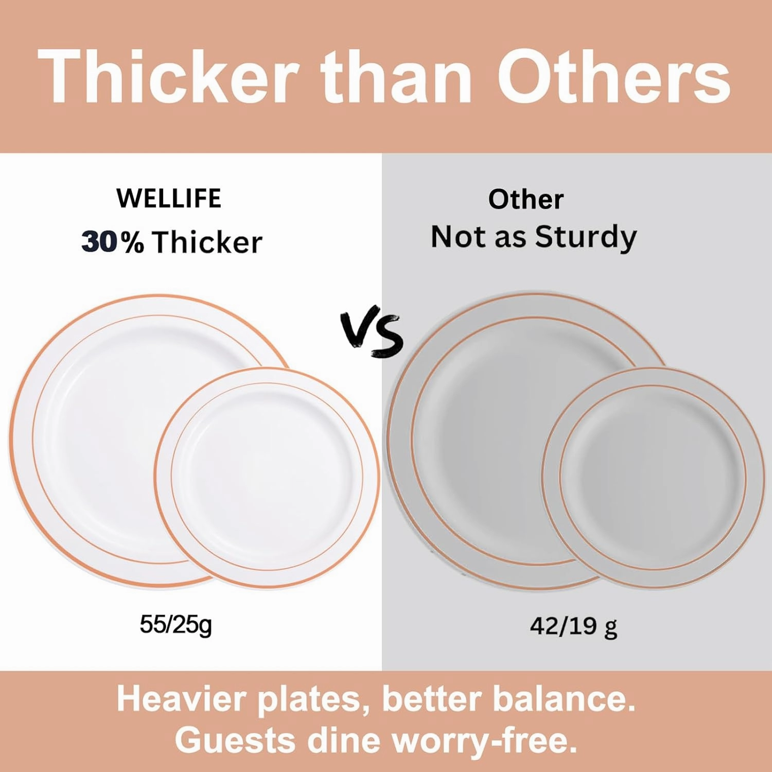WELLIFE 350 Pieces Rose Gold Plastic Dinnerware, 50 Guests Disposable Plates with Rose Gold silverware and Cups, 50 Pre Rolled Napkins with Cutlery, Perfect for Wedding and Party