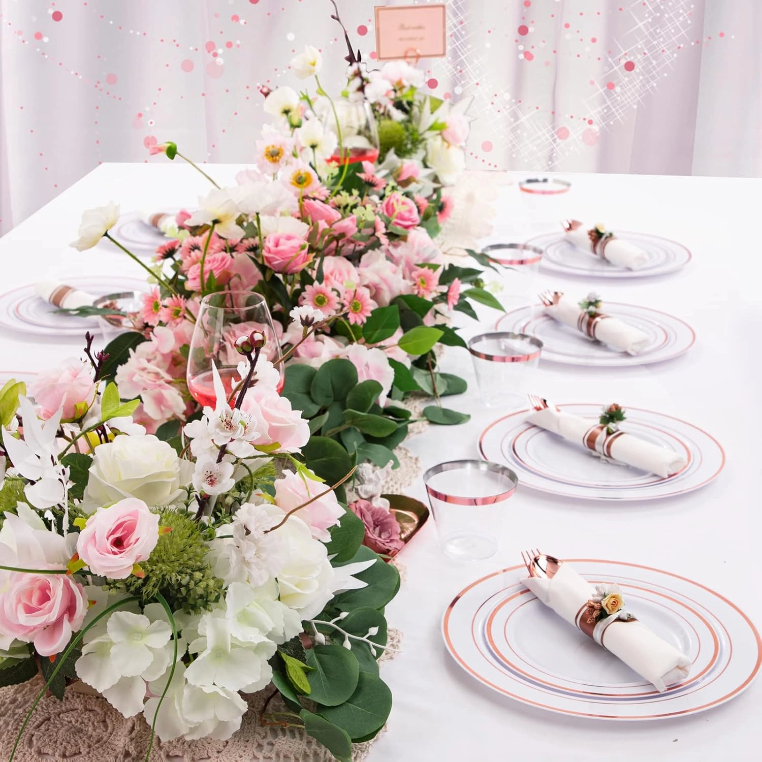 WELLIFE 350 Pieces Rose Gold Plastic Dinnerware, 50 Guests Disposable Plates with Rose Gold silverware and Cups, 50 Pre Rolled Napkins with Cutlery, Perfect for Wedding and Party