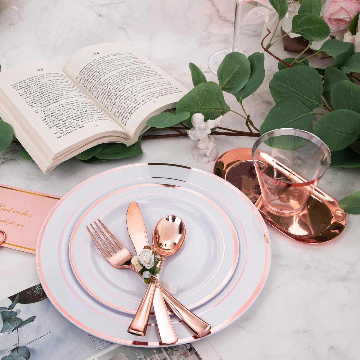 WELLIFE 350 Pieces Rose Gold Plastic Dinnerware, 50 Guests Disposable Plates with Rose Gold silverware and Cups, 50 Pre Rolled Napkins with Cutlery, Perfect for Wedding and Party