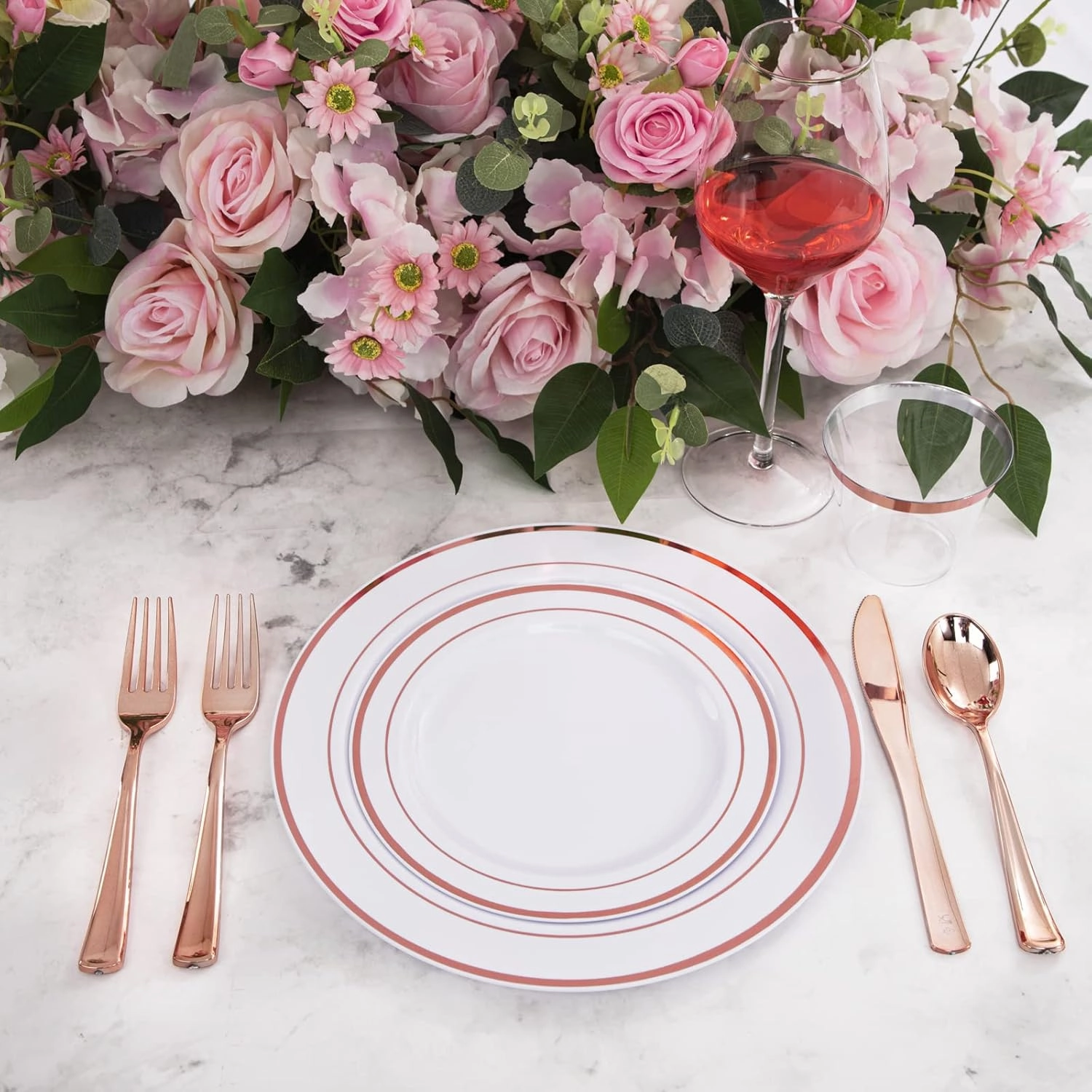WELLIFE 350 Pieces Rose Gold Plastic Dinnerware, 50 Guests Disposable Plates with Rose Gold silverware and Cups, 50 Pre Rolled Napkins with Cutlery, Perfect for Wedding and Party