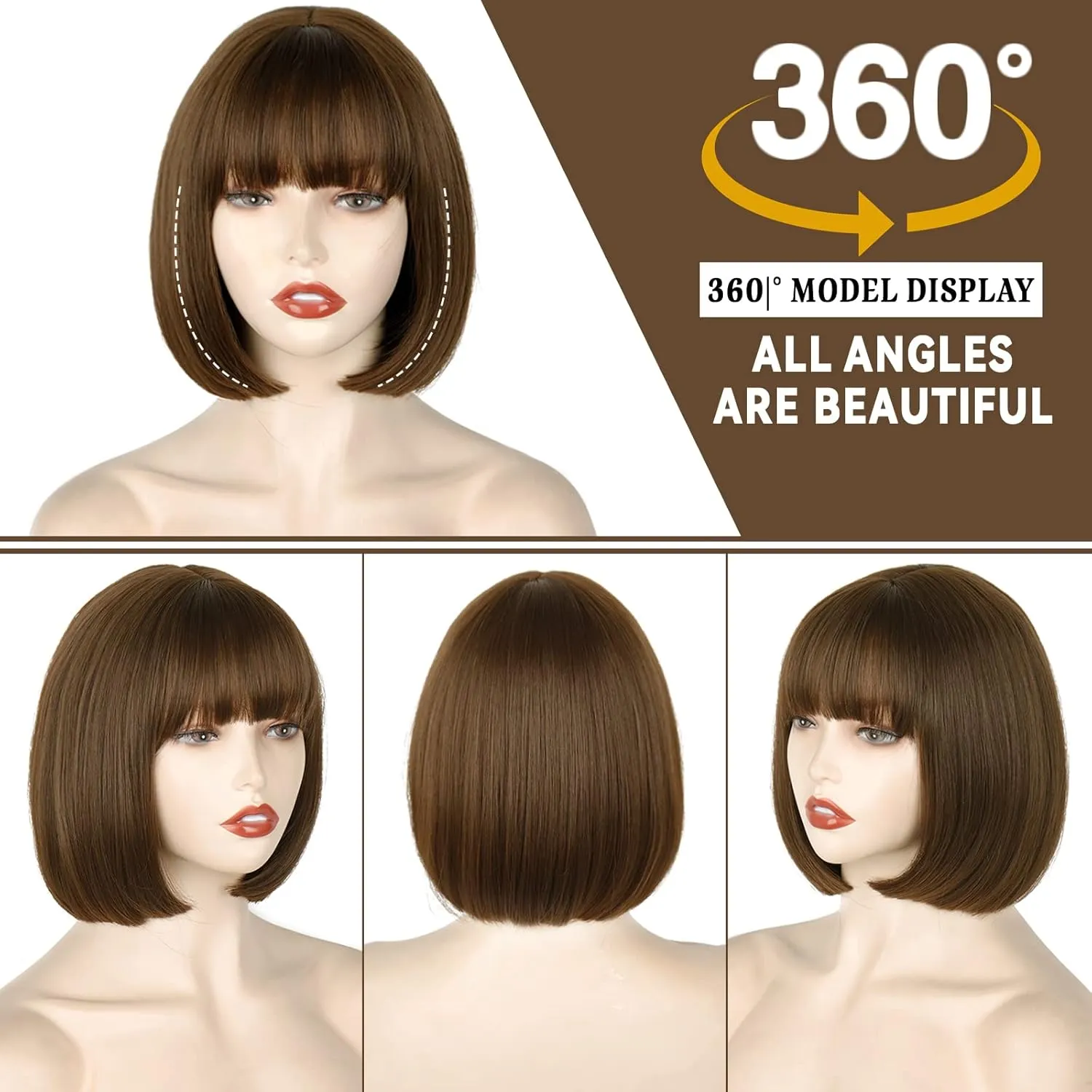 WERD Short Brown Bob Wig with Bangs,Brown Straight Bob Wig for Women Heat Resistant Fiber for Cospaly Velma