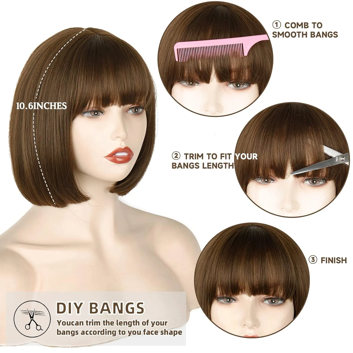 WERD Short Brown Bob Wig with Bangs,Brown Straight Bob Wig for Women Heat Resistant Fiber for Cospaly Velma