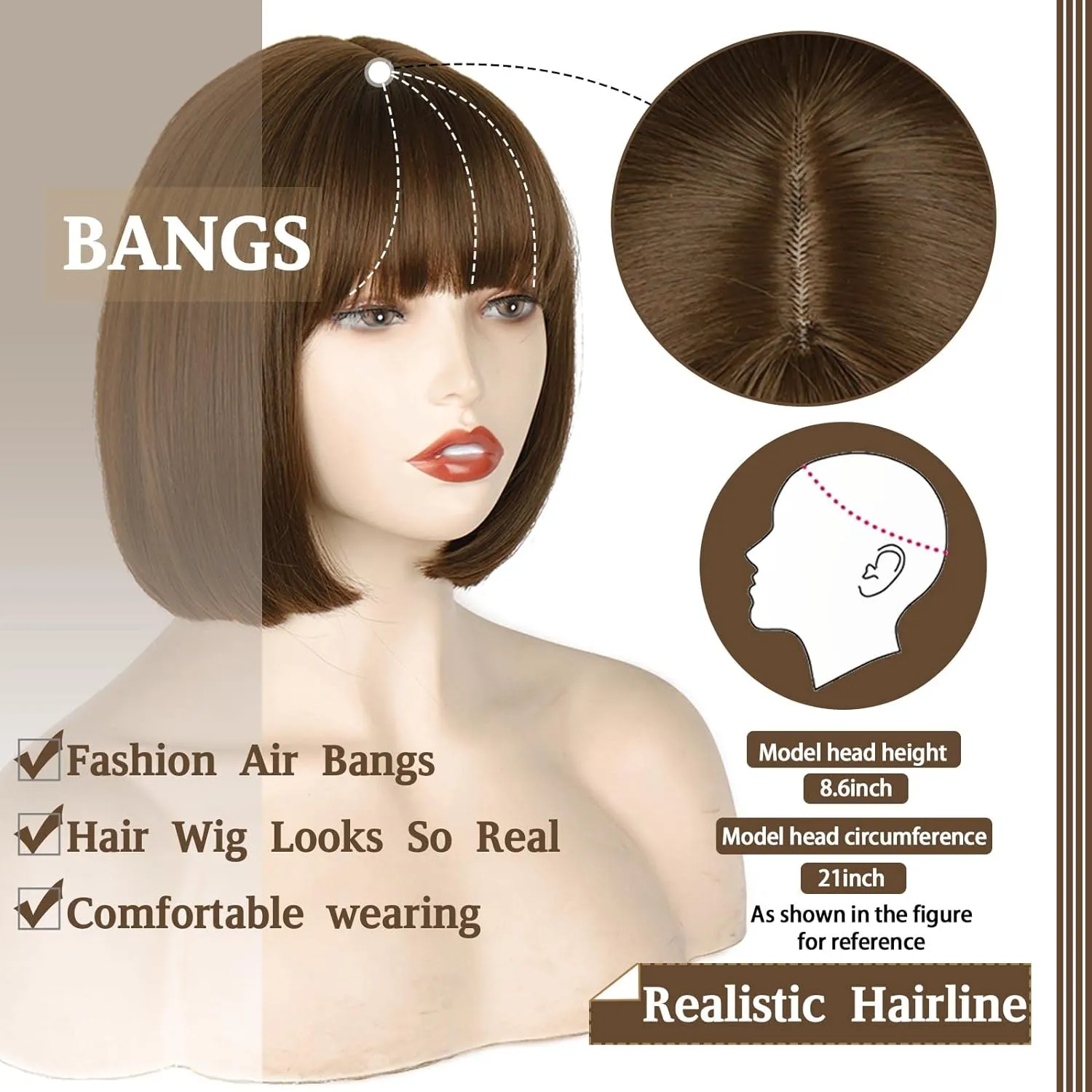 WERD Short Brown Bob Wig with Bangs,Brown Straight Bob Wig for Women Heat Resistant Fiber for Cospaly Velma