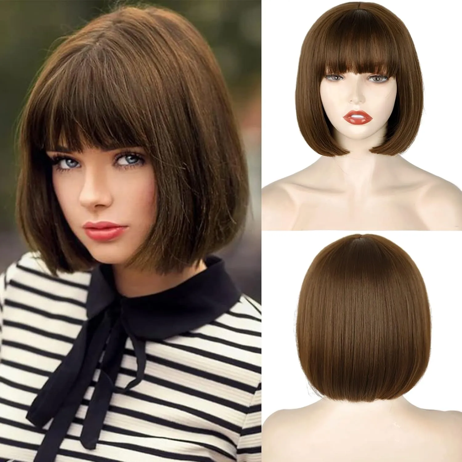 WERD Short Brown Bob Wig with Bangs,Brown Straight Bob Wig for Women Heat Resistant Fiber for Cospaly Velma
