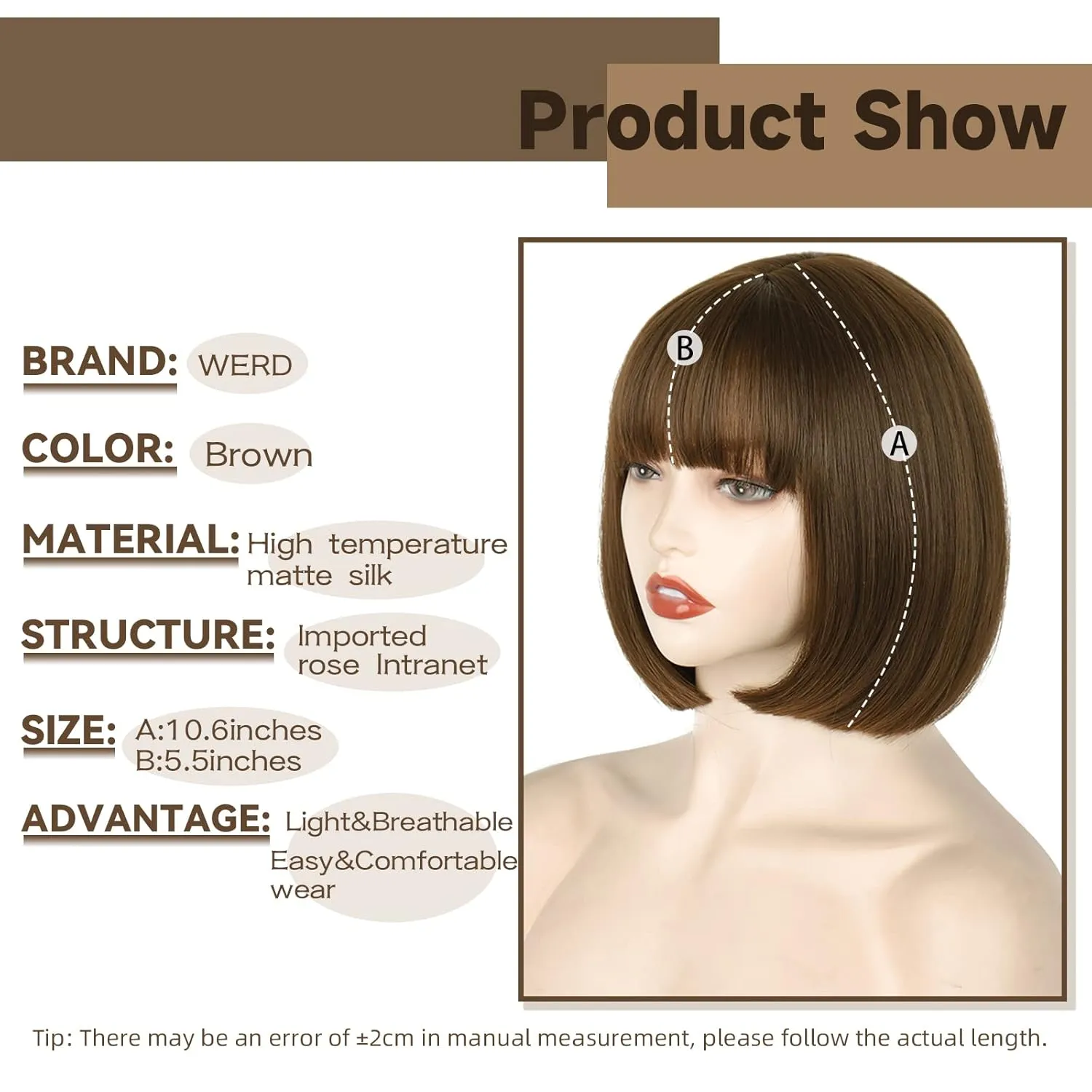 WERD Short Brown Bob Wig with Bangs,Brown Straight Bob Wig for Women Heat Resistant Fiber for Cospaly Velma