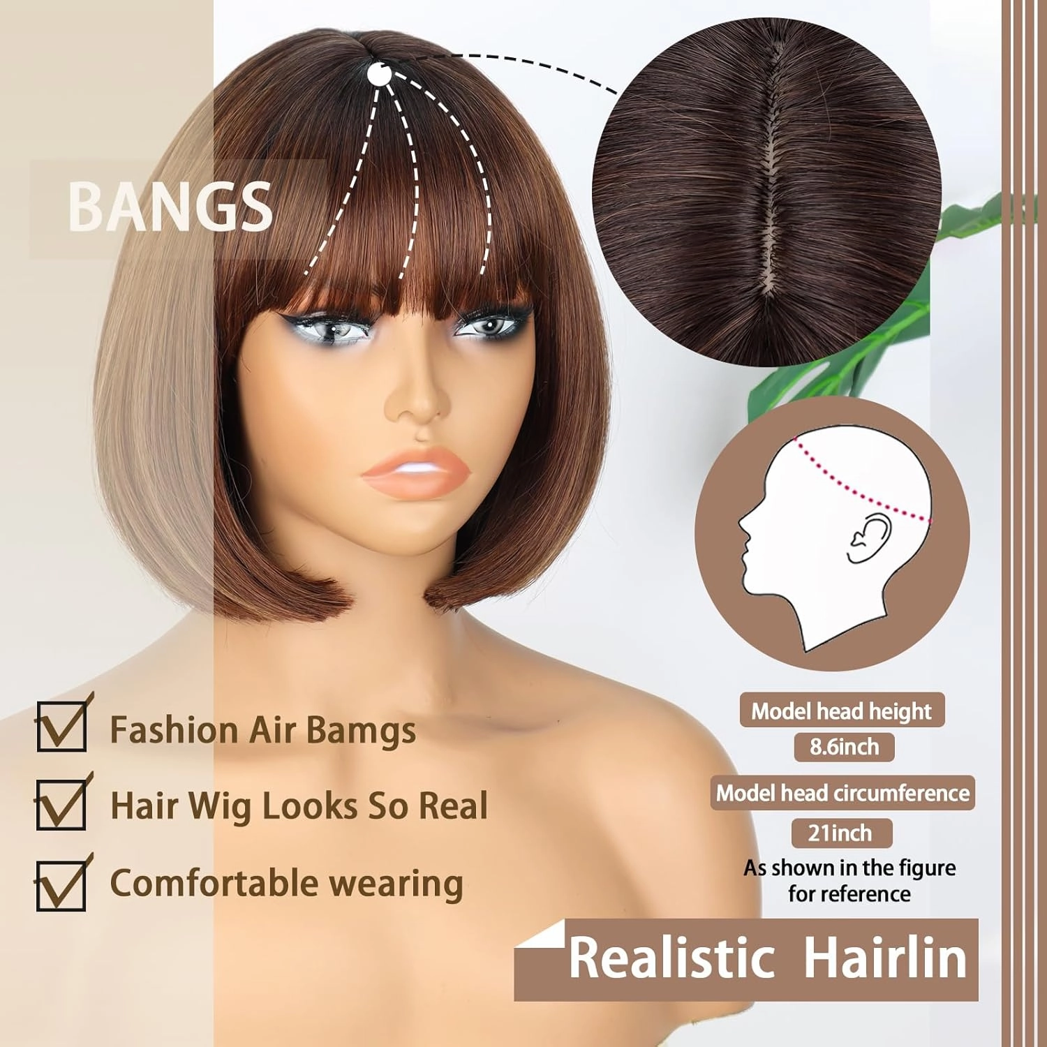 WERD Short Brown Bob Wig for Women Auburn Brown Wig with Bangs Synthetic Hair Light Highlight Brown Bob Wig for Daily Party Cosplay