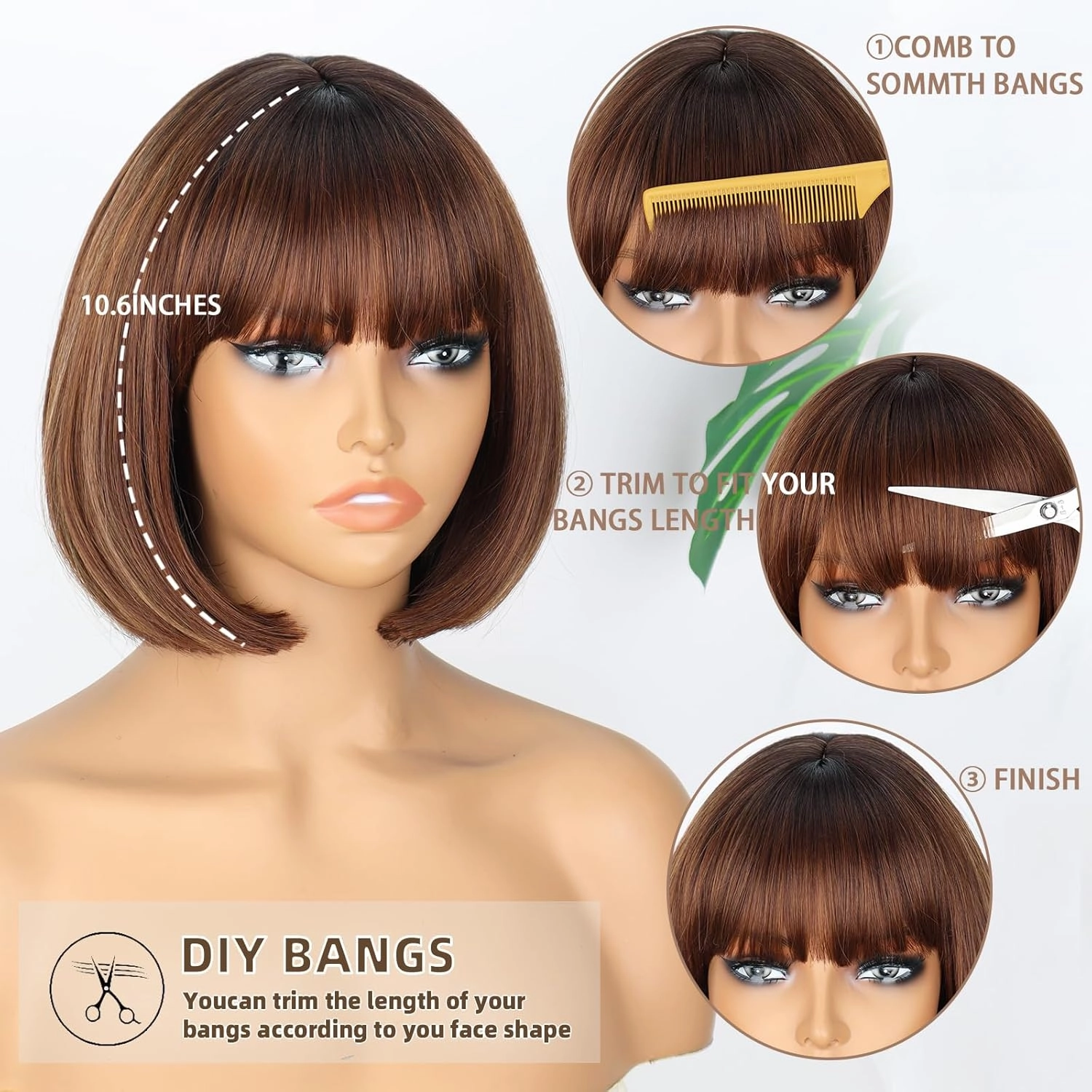 WERD Short Brown Bob Wig for Women Auburn Brown Wig with Bangs Synthetic Hair Light Highlight Brown Bob Wig for Daily Party Cosplay