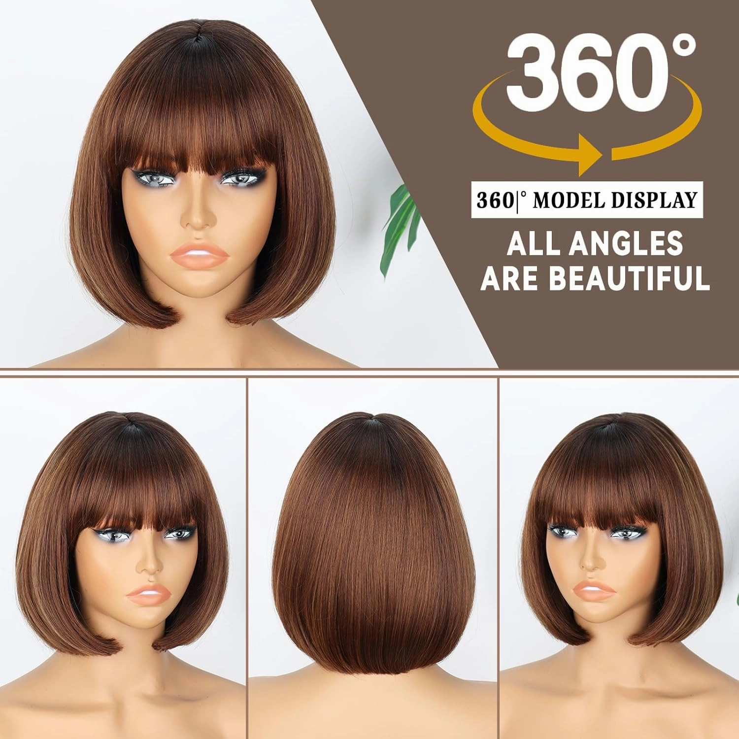 WERD Short Brown Bob Wig for Women Auburn Brown Wig with Bangs Synthetic Hair Light Highlight Brown Bob Wig for Daily Party Cosplay