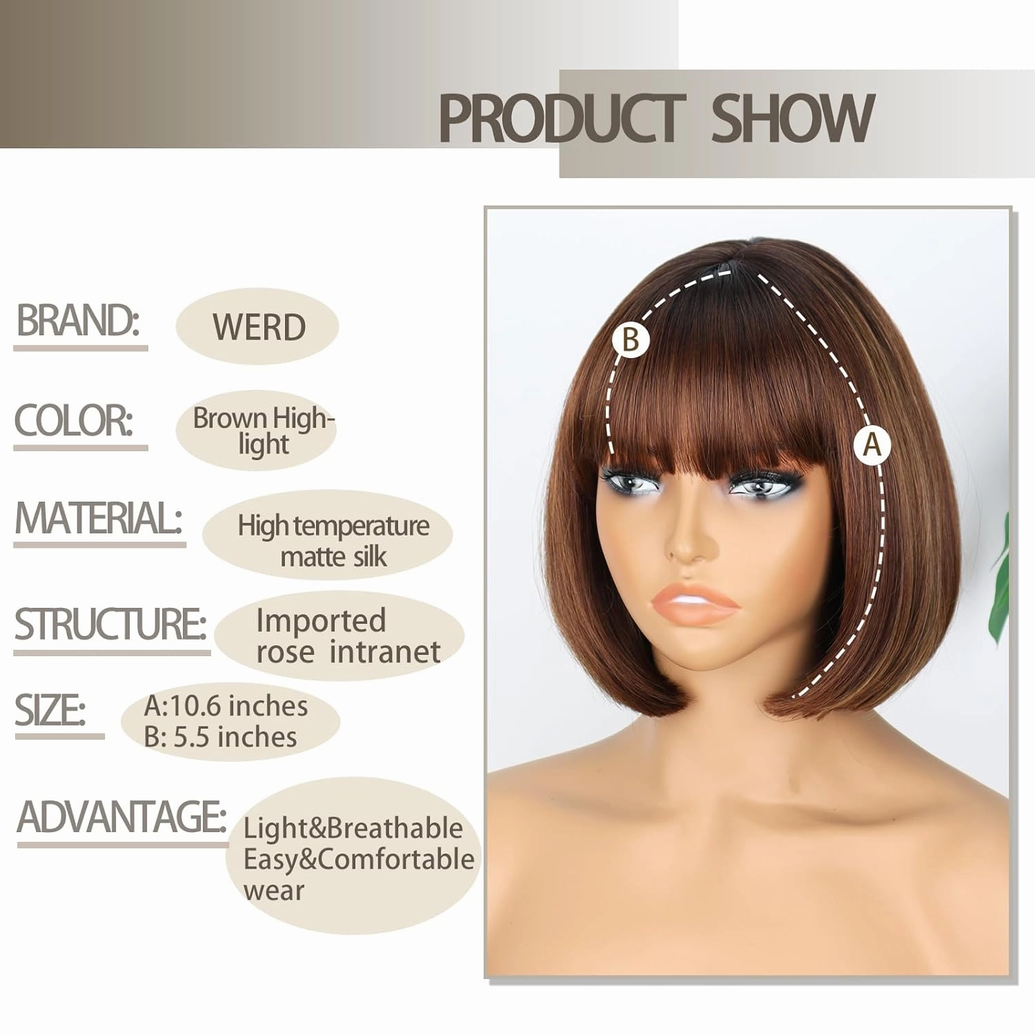 WERD Short Brown Bob Wig for Women Auburn Brown Wig with Bangs Synthetic Hair Light Highlight Brown Bob Wig for Daily Party Cosplay