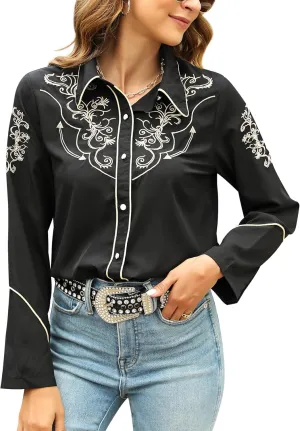 Western Shirts for Women Cowgirl Sexy Dressy Long Sleeve Black Embroidered Button Up Ladies Blusas Vaqueras para Mujer