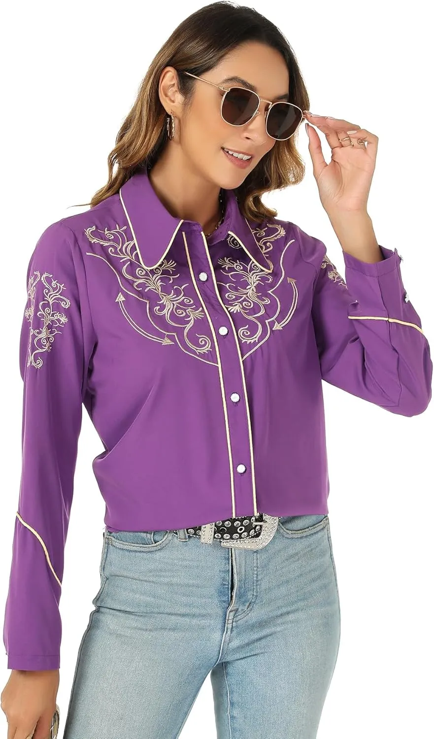 Western Shirts for Women Cowgirl Sexy Dressy Long Sleeve Black Embroidered Button Up Ladies Blusas Vaqueras para Mujer