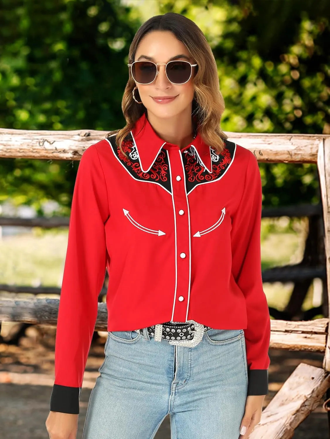 Western Shirts for Women Cowgirl Sexy Dressy Long Sleeve Black Embroidered Button Up Ladies Blusas Vaqueras para Mujer