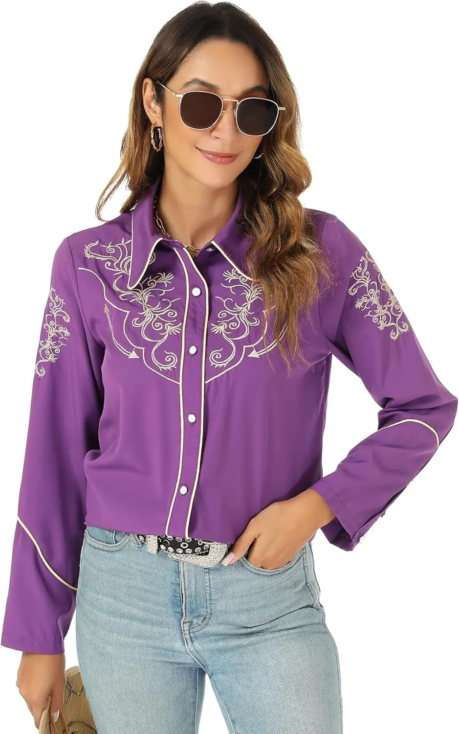 Western Shirts for Women Cowgirl Sexy Dressy Long Sleeve Black Embroidered Button Up Ladies Blusas Vaqueras para Mujer