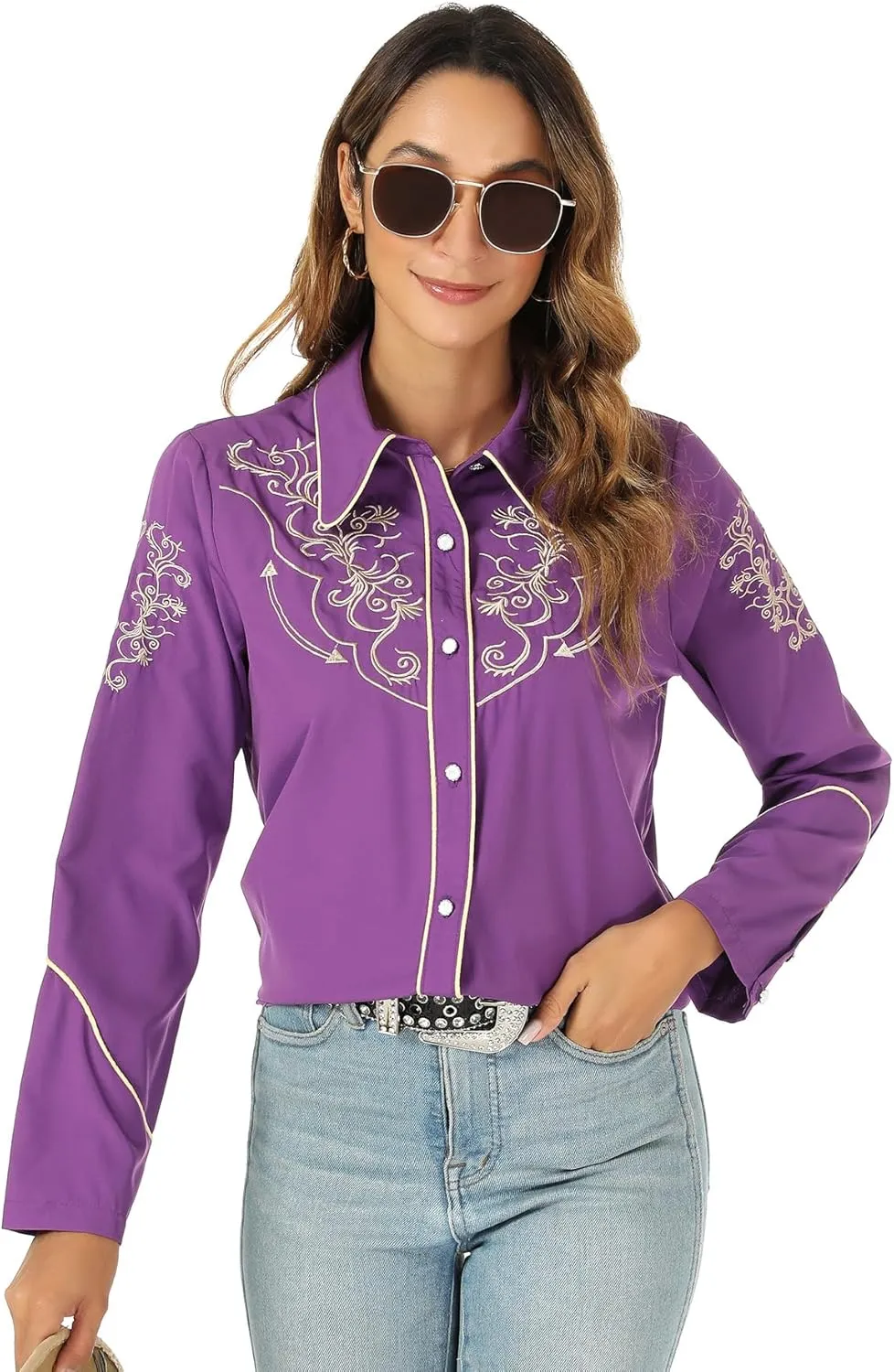 Western Shirts for Women Cowgirl Sexy Dressy Long Sleeve Black Embroidered Button Up Ladies Blusas Vaqueras para Mujer