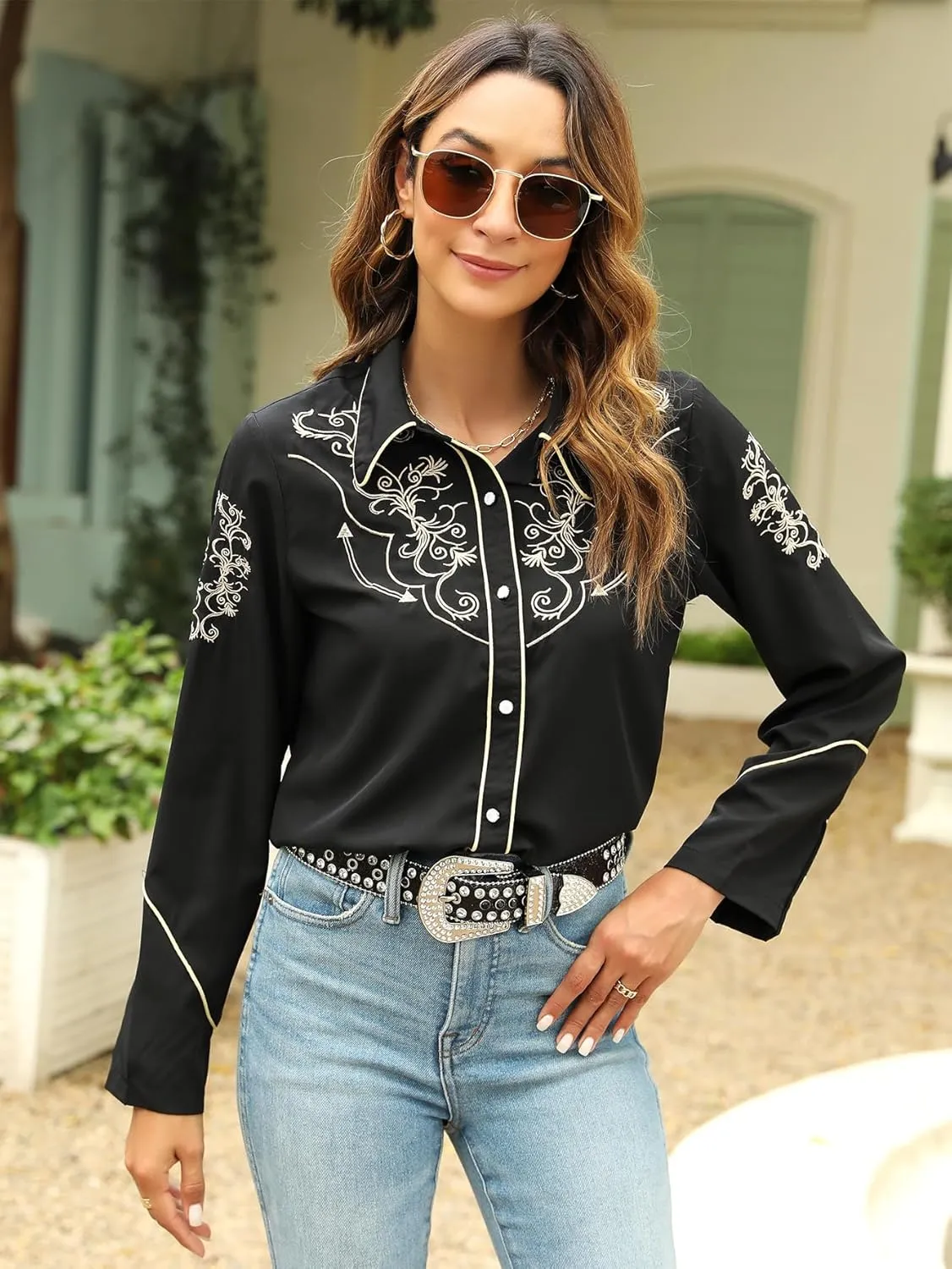 Western Shirts for Women Cowgirl Sexy Dressy Long Sleeve Black Embroidered Button Up Ladies Blusas Vaqueras para Mujer