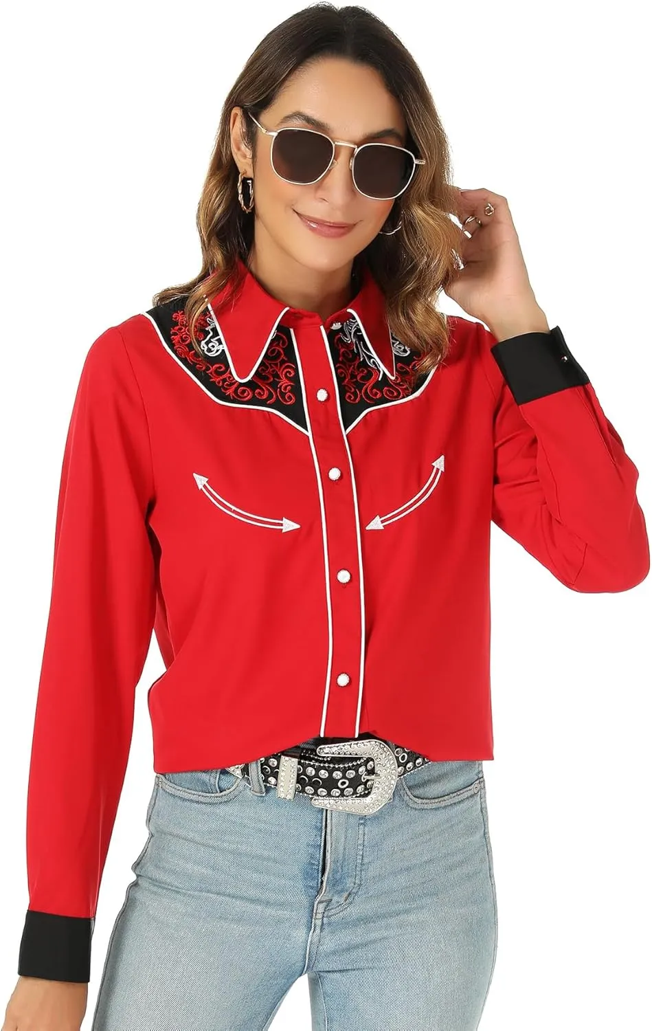 Western Shirts for Women Cowgirl Sexy Dressy Long Sleeve Black Embroidered Button Up Ladies Blusas Vaqueras para Mujer