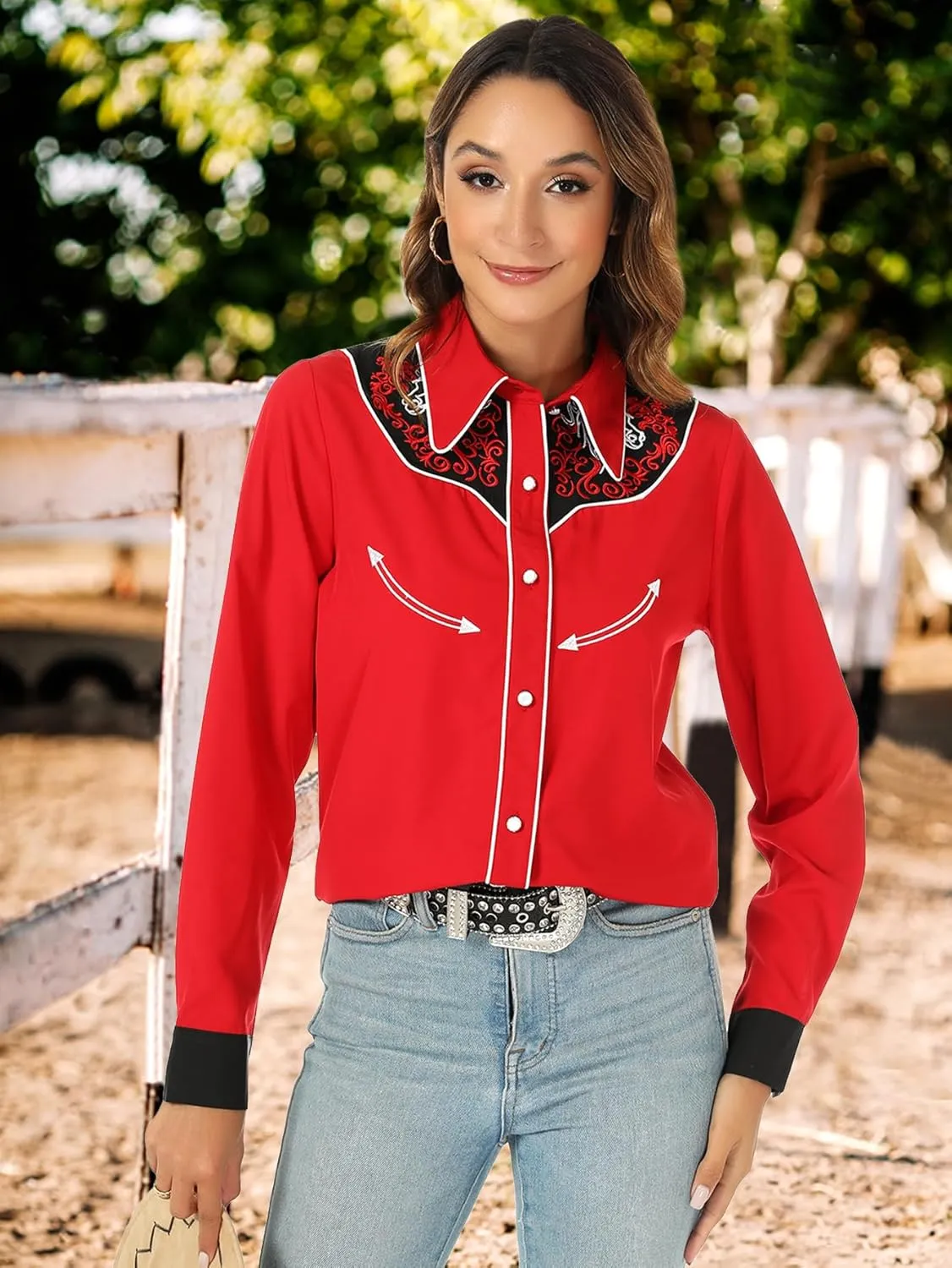 Western Shirts for Women Cowgirl Sexy Dressy Long Sleeve Black Embroidered Button Up Ladies Blusas Vaqueras para Mujer