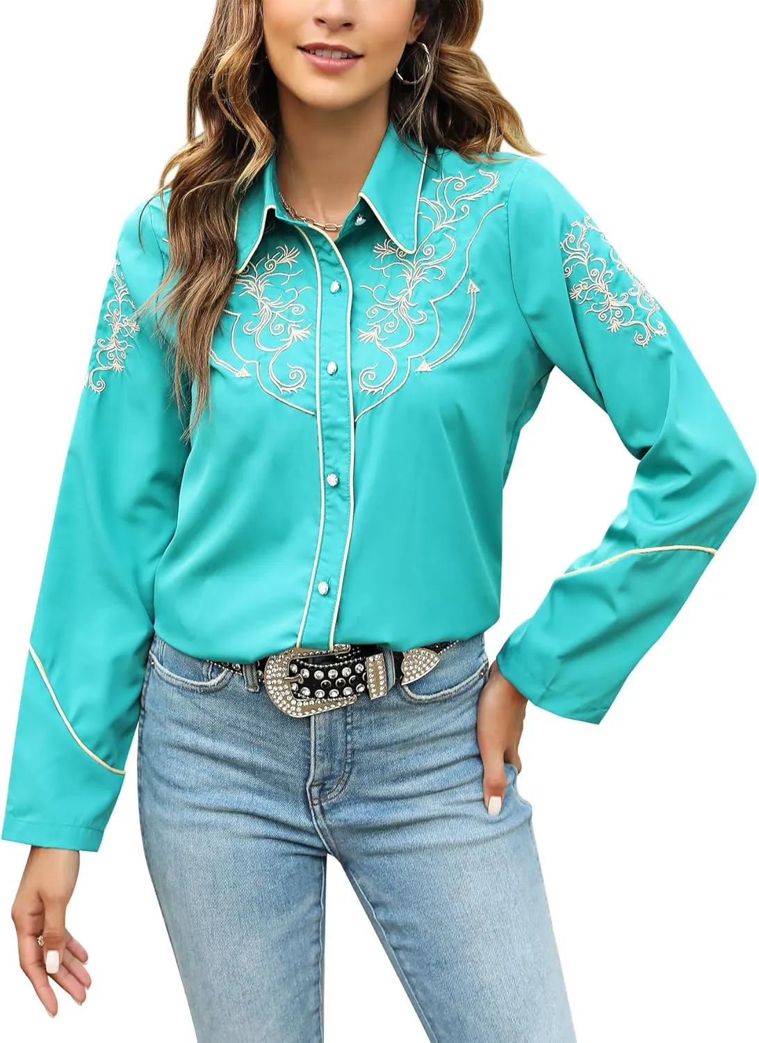 Western Shirts for Women Cowgirl Sexy Dressy Long Sleeve Black Embroidered Button Up Ladies Blusas Vaqueras para Mujer
