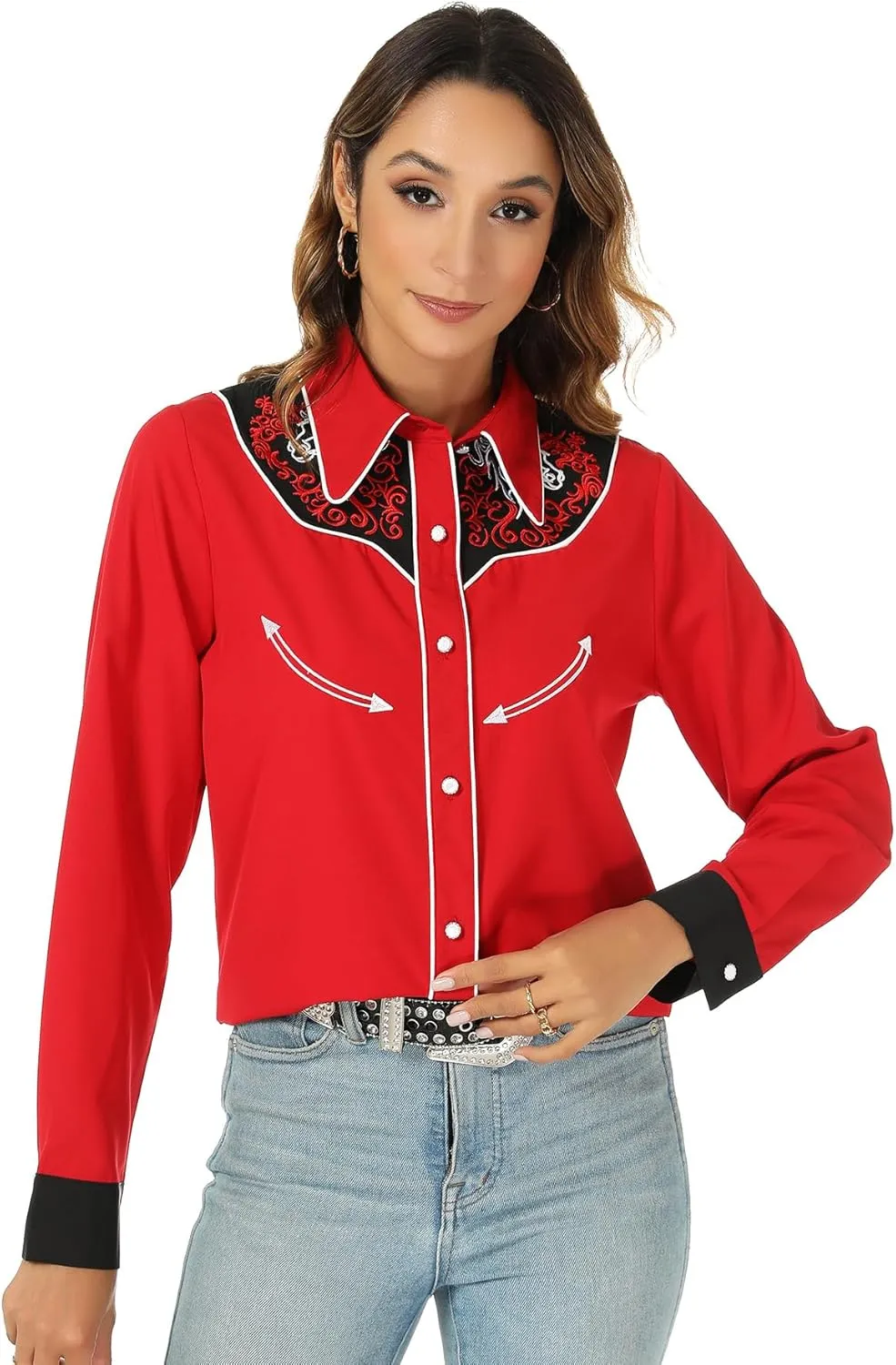 Western Shirts for Women Cowgirl Sexy Dressy Long Sleeve Black Embroidered Button Up Ladies Blusas Vaqueras para Mujer