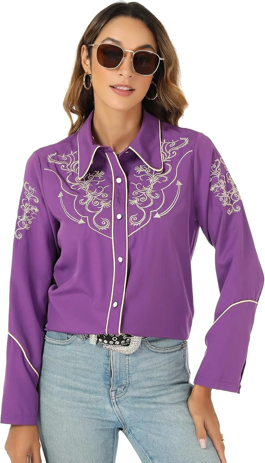 Western Shirts for Women Cowgirl Sexy Dressy Long Sleeve Black Embroidered Button Up Ladies Blusas Vaqueras para Mujer