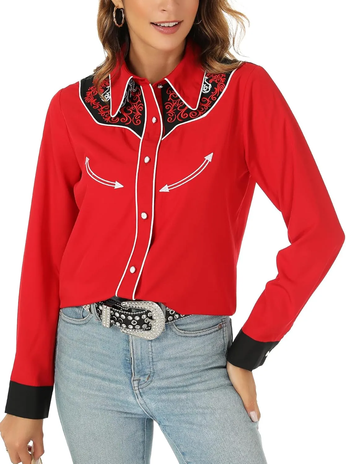 Western Shirts for Women Cowgirl Sexy Dressy Long Sleeve Black Embroidered Button Up Ladies Blusas Vaqueras para Mujer
