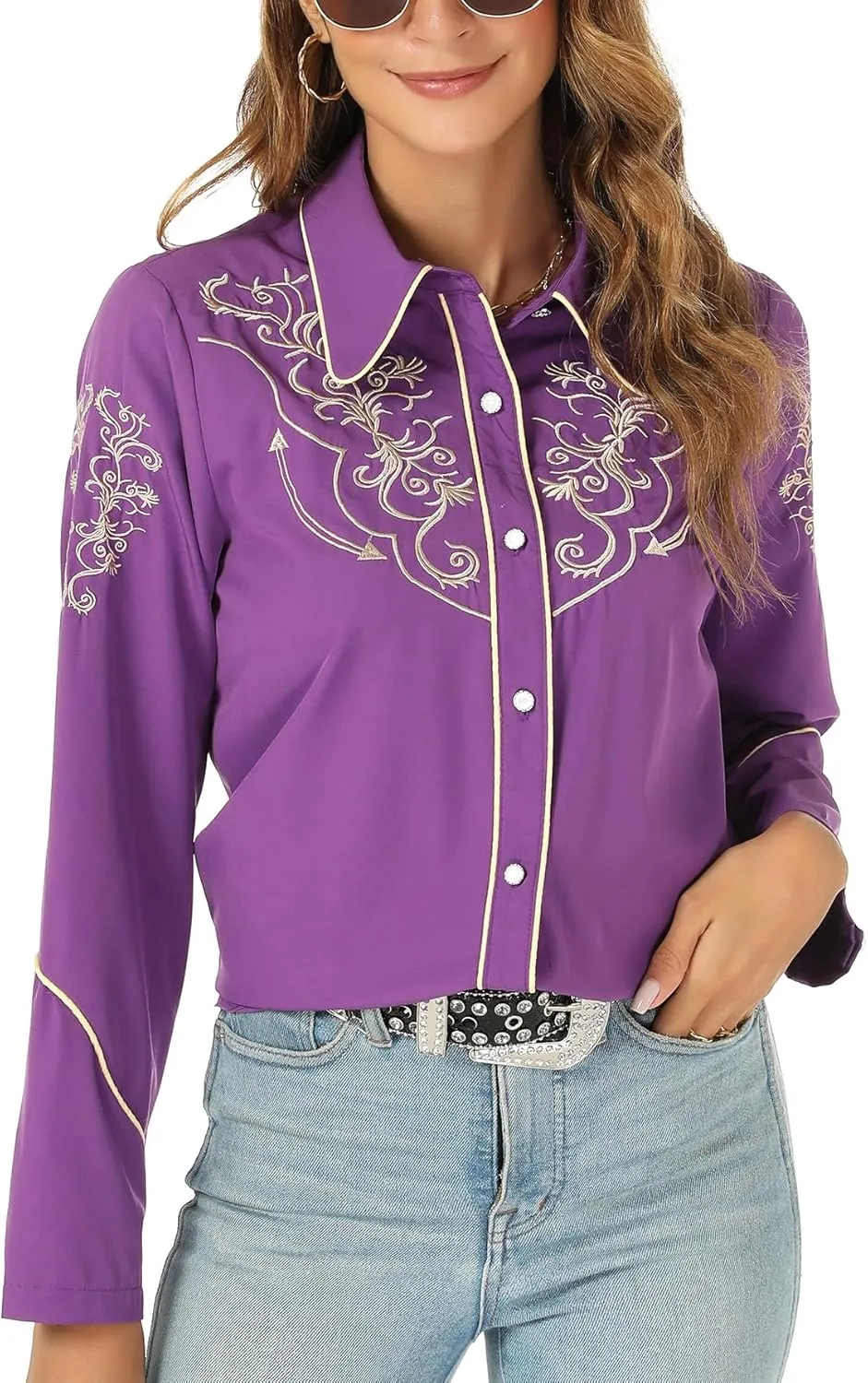 Western Shirts for Women Cowgirl Sexy Dressy Long Sleeve Black Embroidered Button Up Ladies Blusas Vaqueras para Mujer
